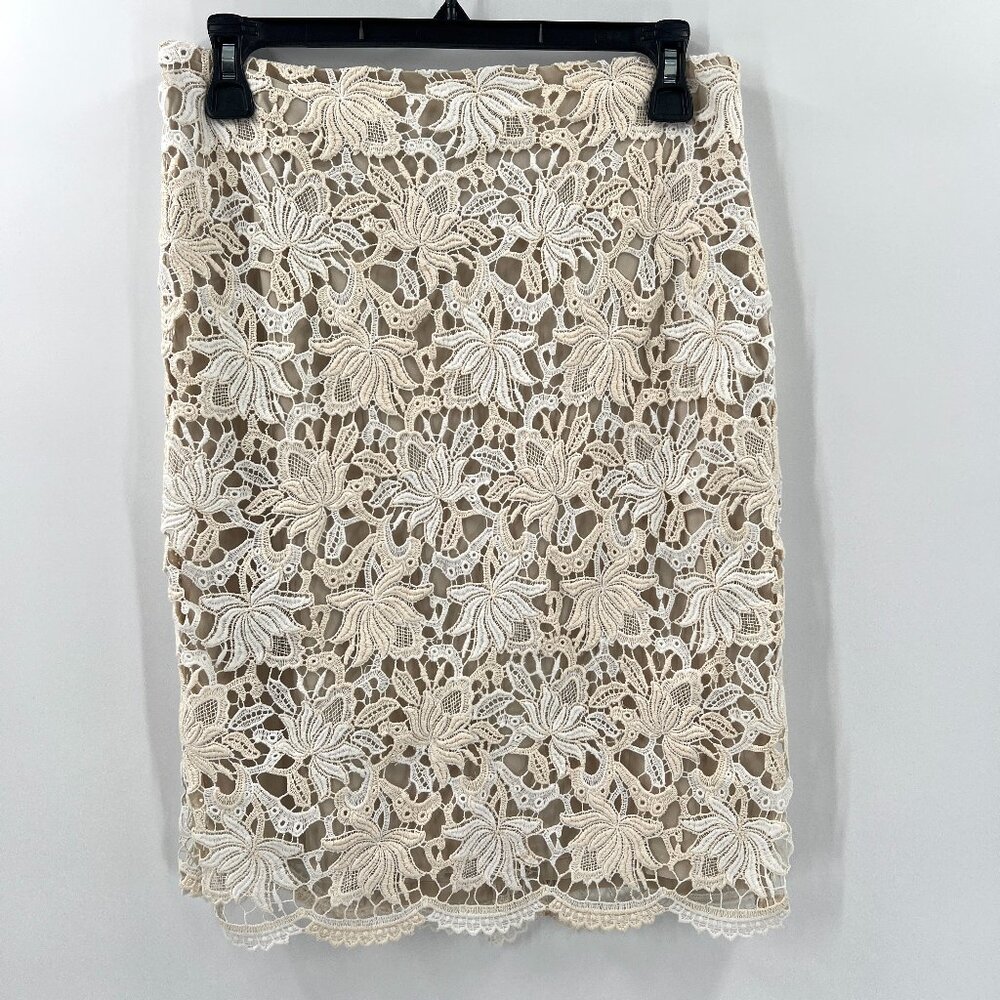 NEW Ann Taylor floral lace pencil skirt white ivory knee length holiday lined 2